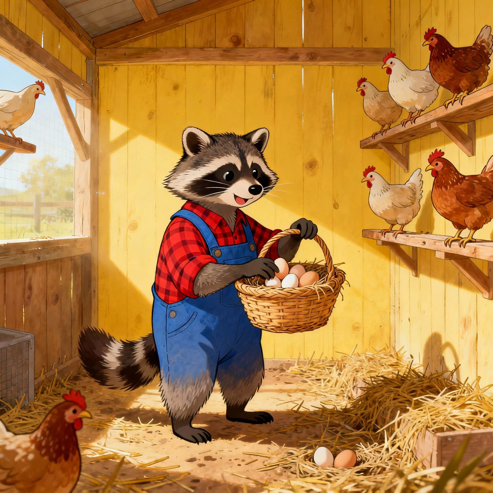 Raccoon Farmer Gathers Eggs in Henhouse Basket