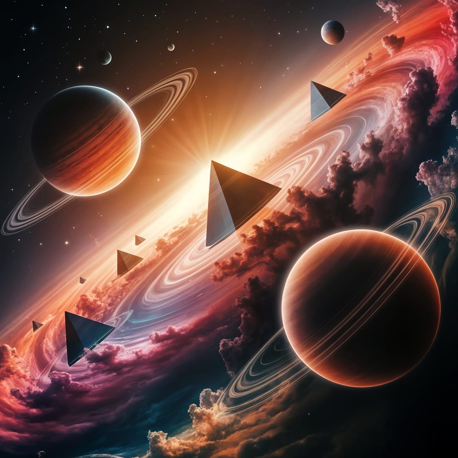 Cosmic Pyramids Dancing in Nebula Tapestry