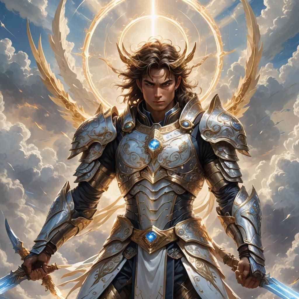 Warrior Awakens Swords in Ethereal Heavenly Light