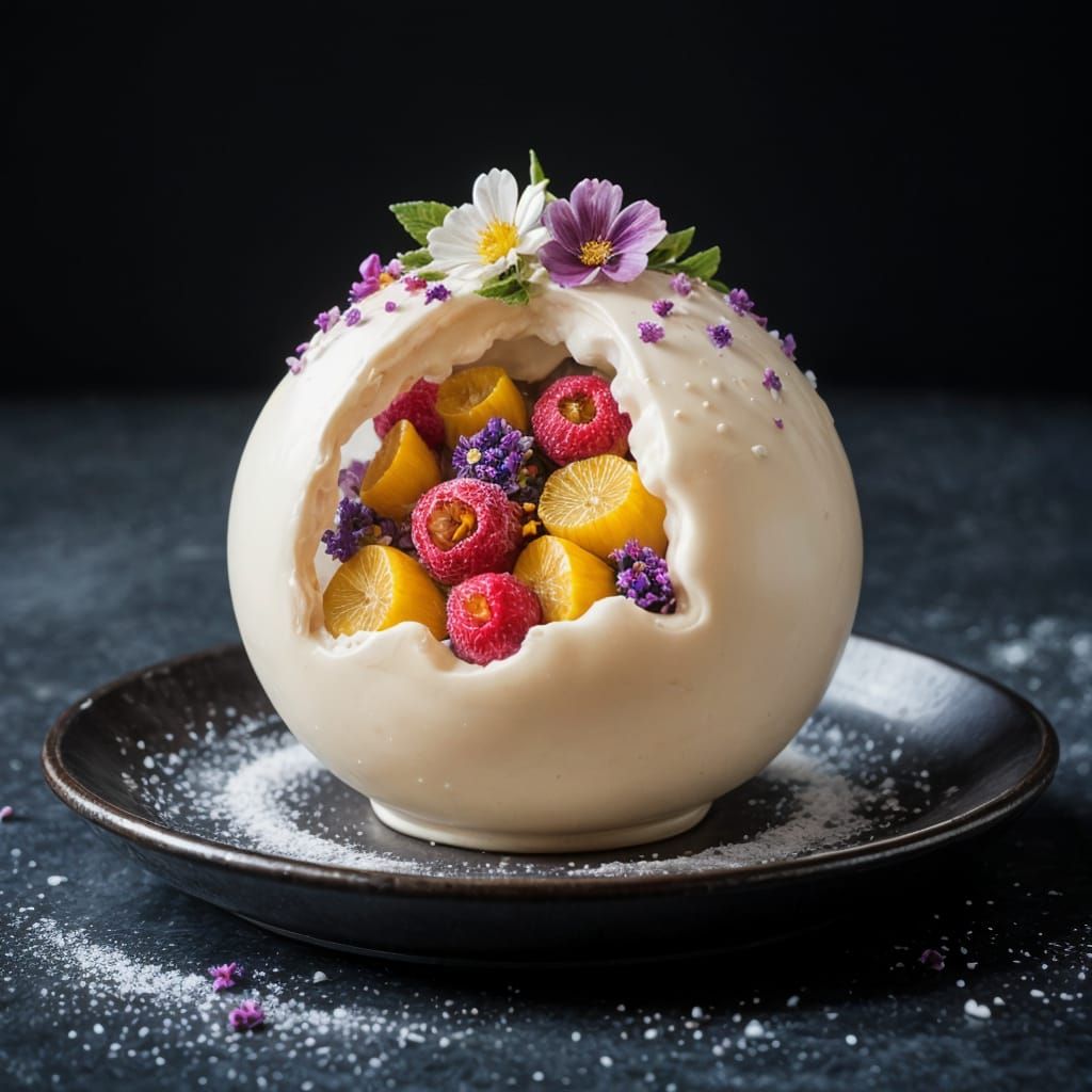 White Chocolate Dessert Sphere with Fruit and Mousse