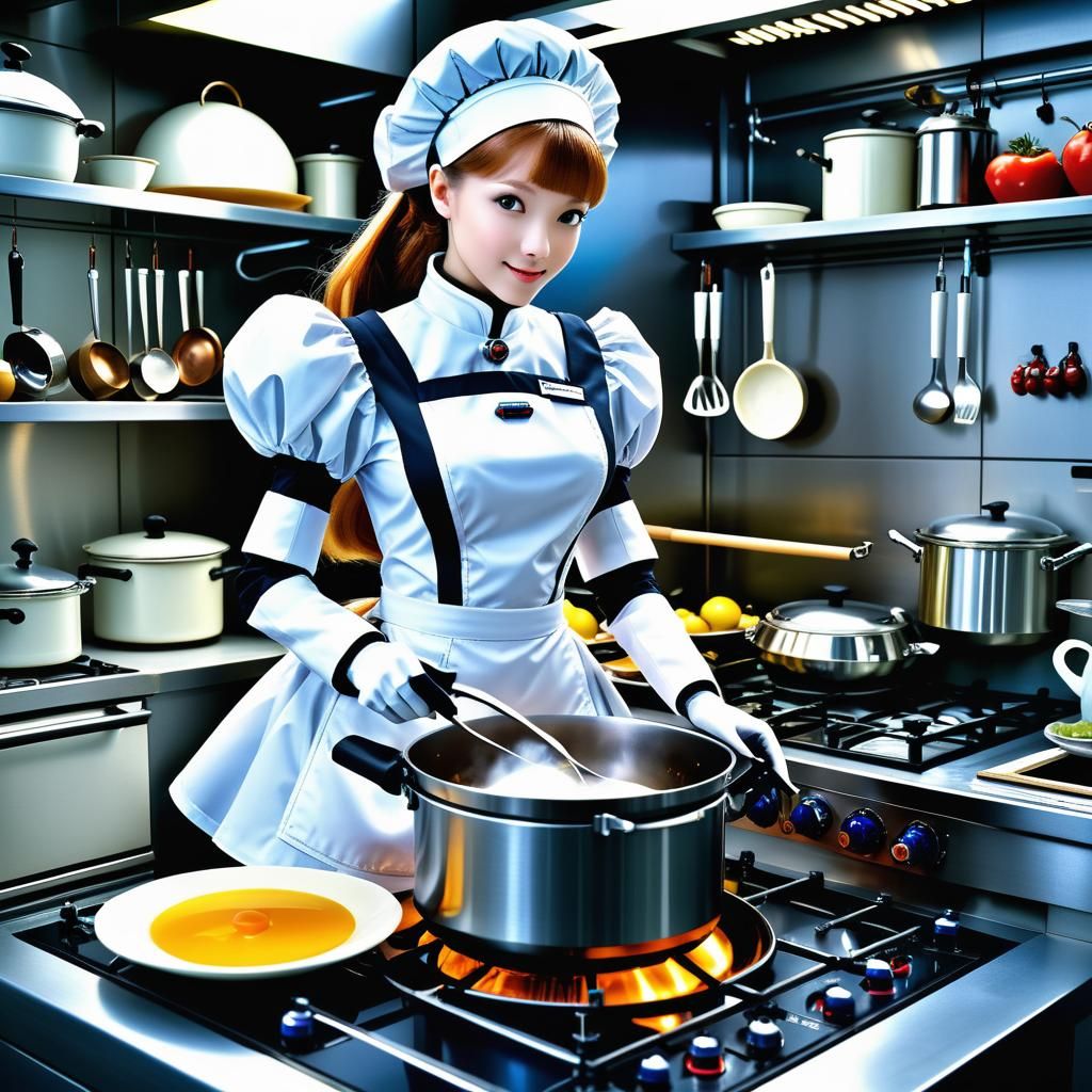 Nanobot Maid Cooks in Futuristic Kitchen