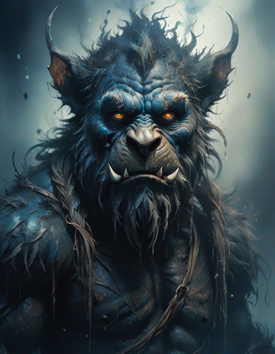 Eerie Bugbear in Mist: A Dark Fantasy Illustration
