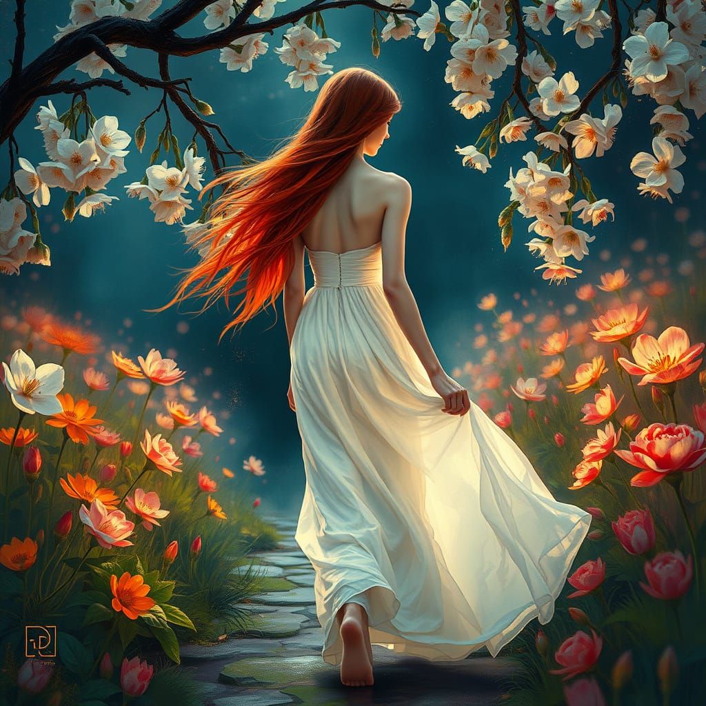 Porcelain Maiden in Enchanted Garden, Painterly Style