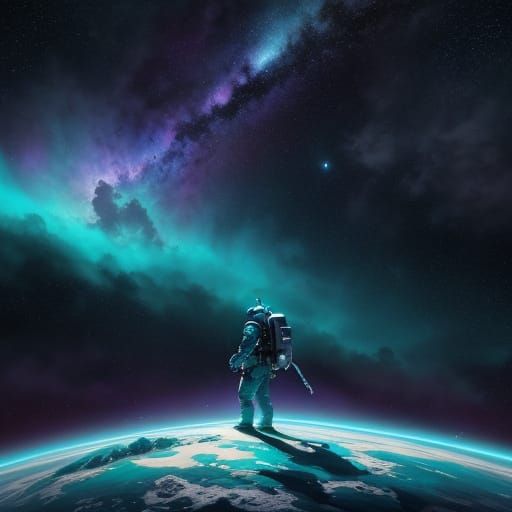 Astronaut on Turquoise Planet Gazing at Nebula