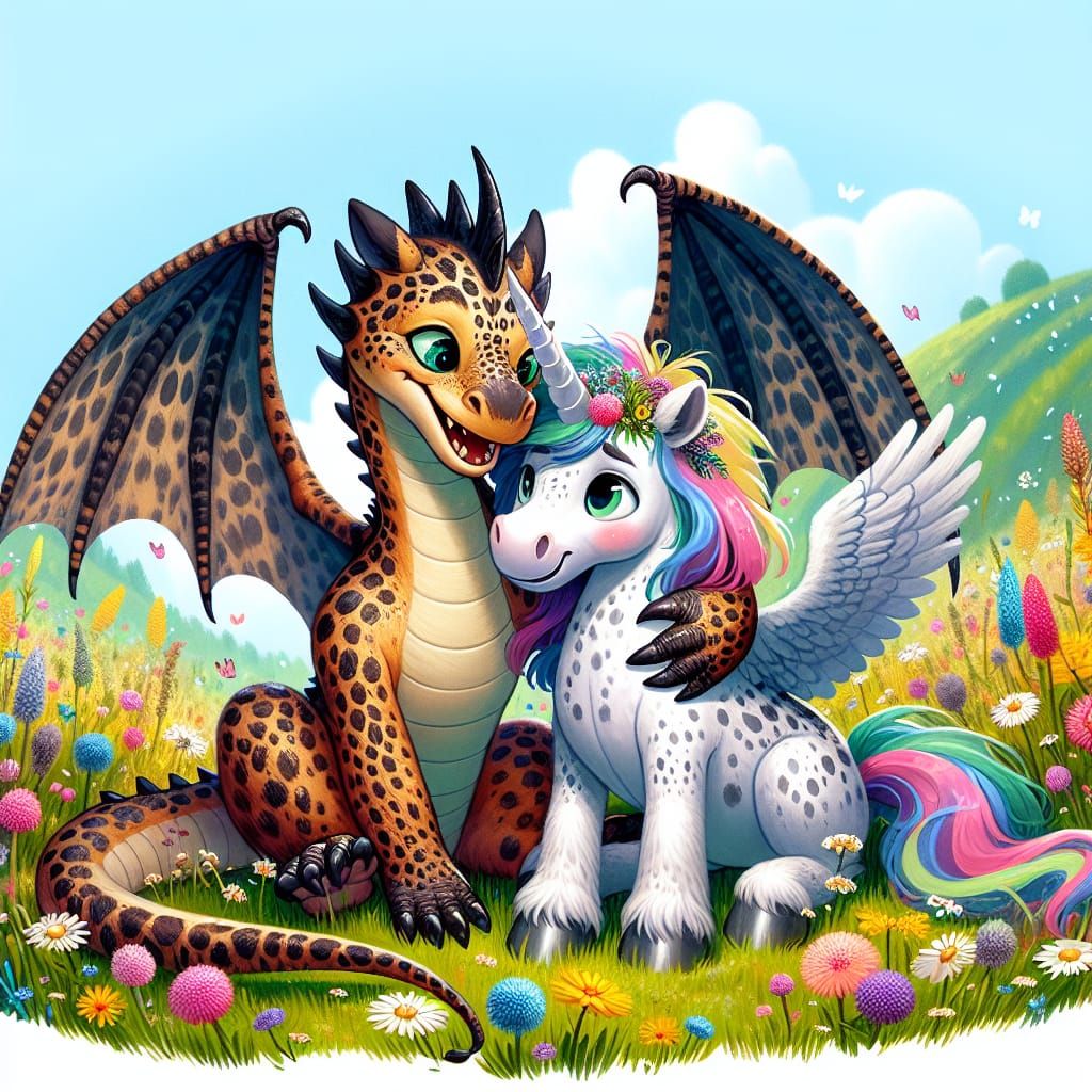 Leopard Dragon and Pegasus Unicorn Hug in Meadow