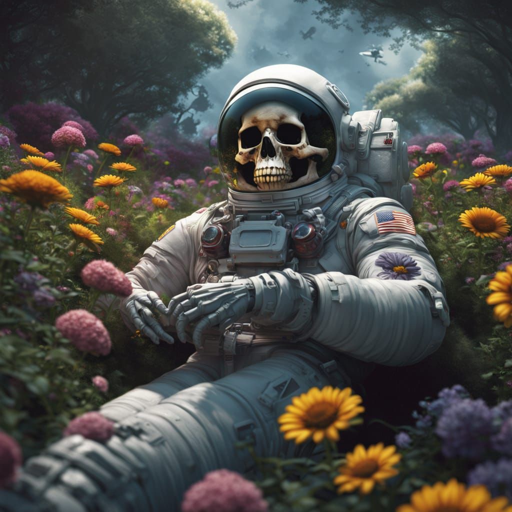 Astronaut Lost in a Haunting Garden of Flowers
