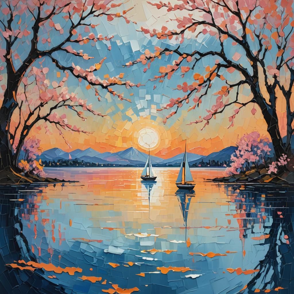 Sailboat on Lake in Abstract Expressionist Style