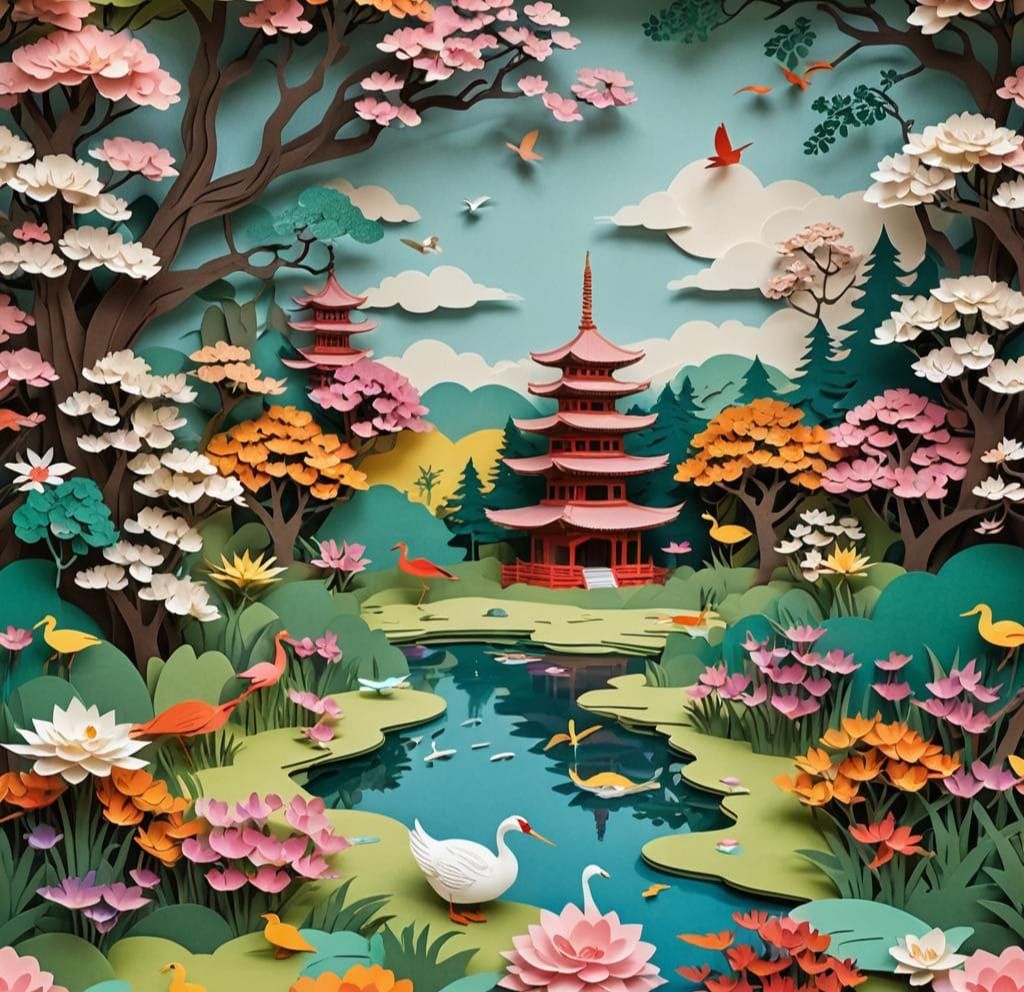 Serene Kirigami Pagoda Landscape with Colorful Flowers