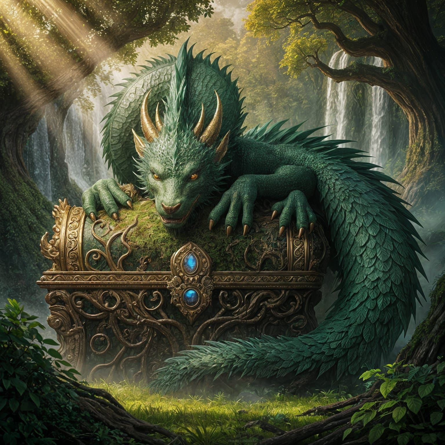 Forest Dragon on Enchanted Chest in Mystical Valley
