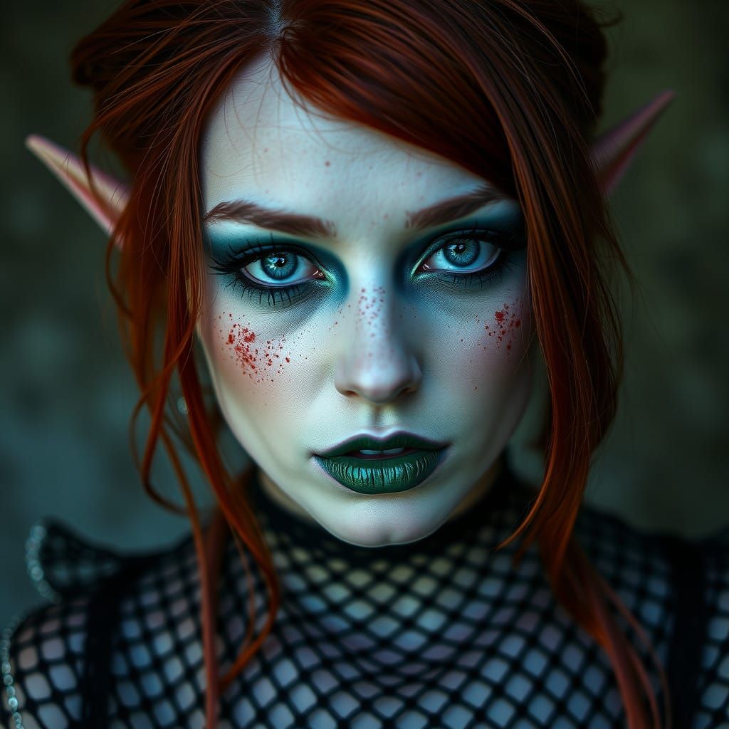 Gothic Female Elf with Green Lips in Dark Makeup