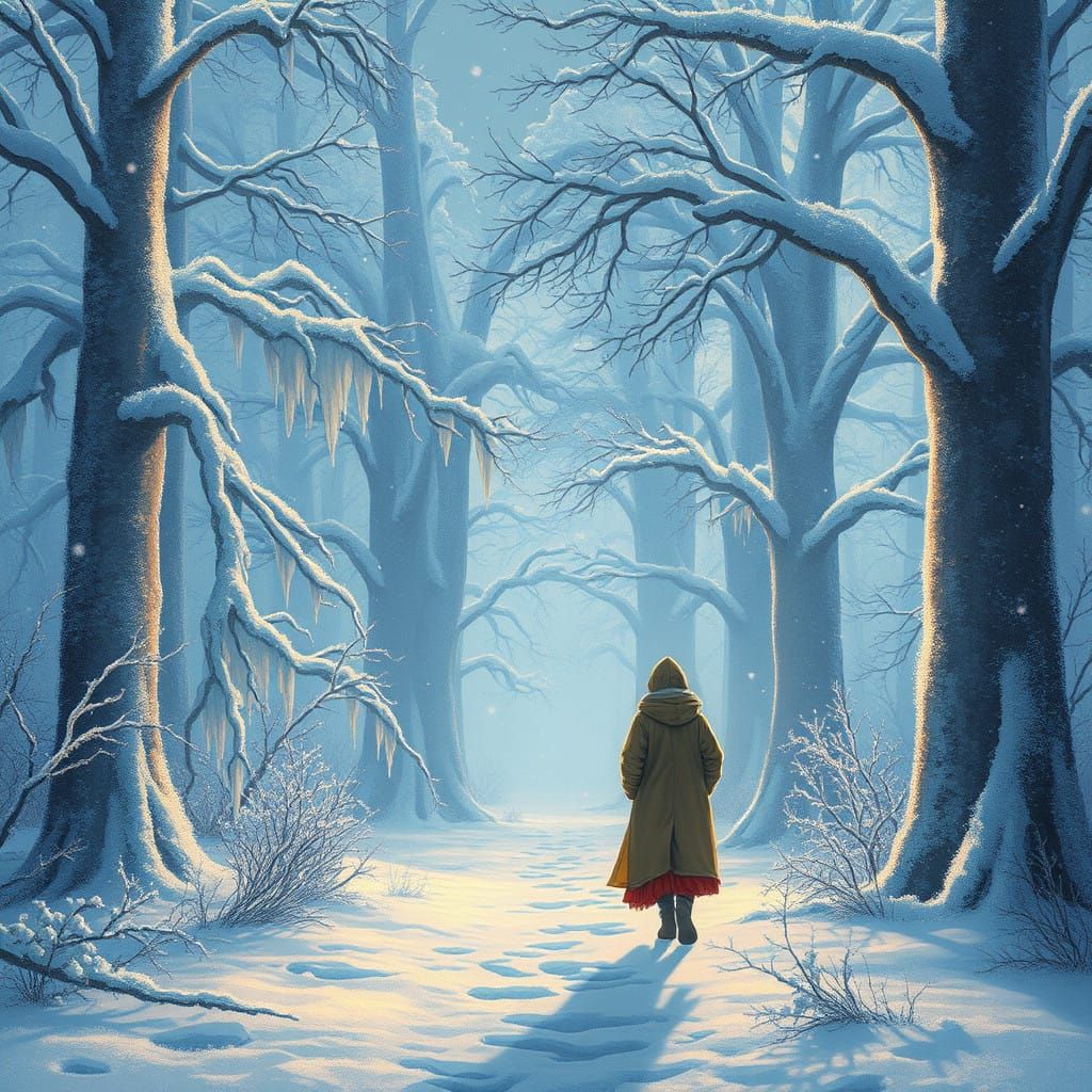 Ethereal Figure Wanders Frosty Winter Wonderland