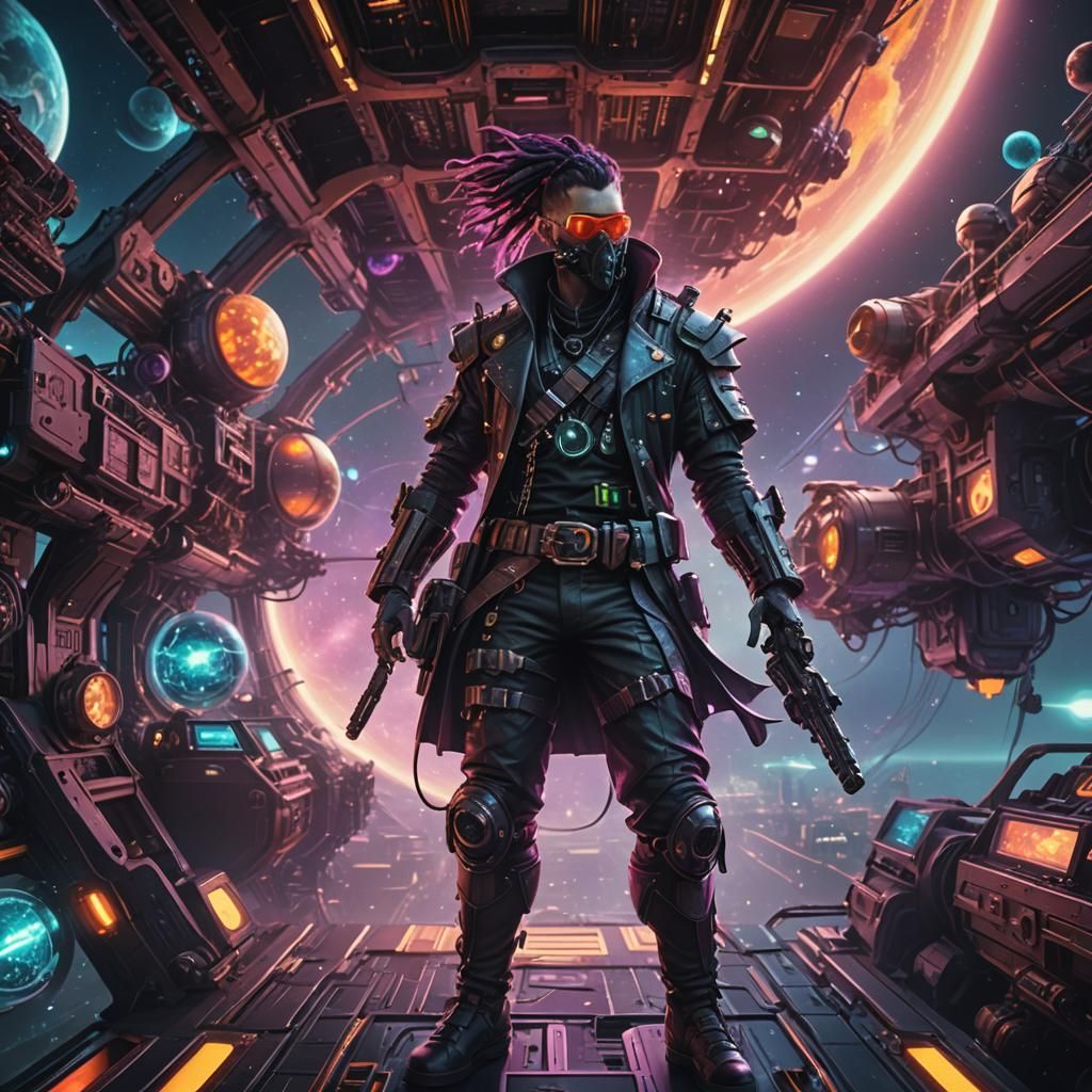 Cyberpunk Space Pirate on Ship Flying Through Space