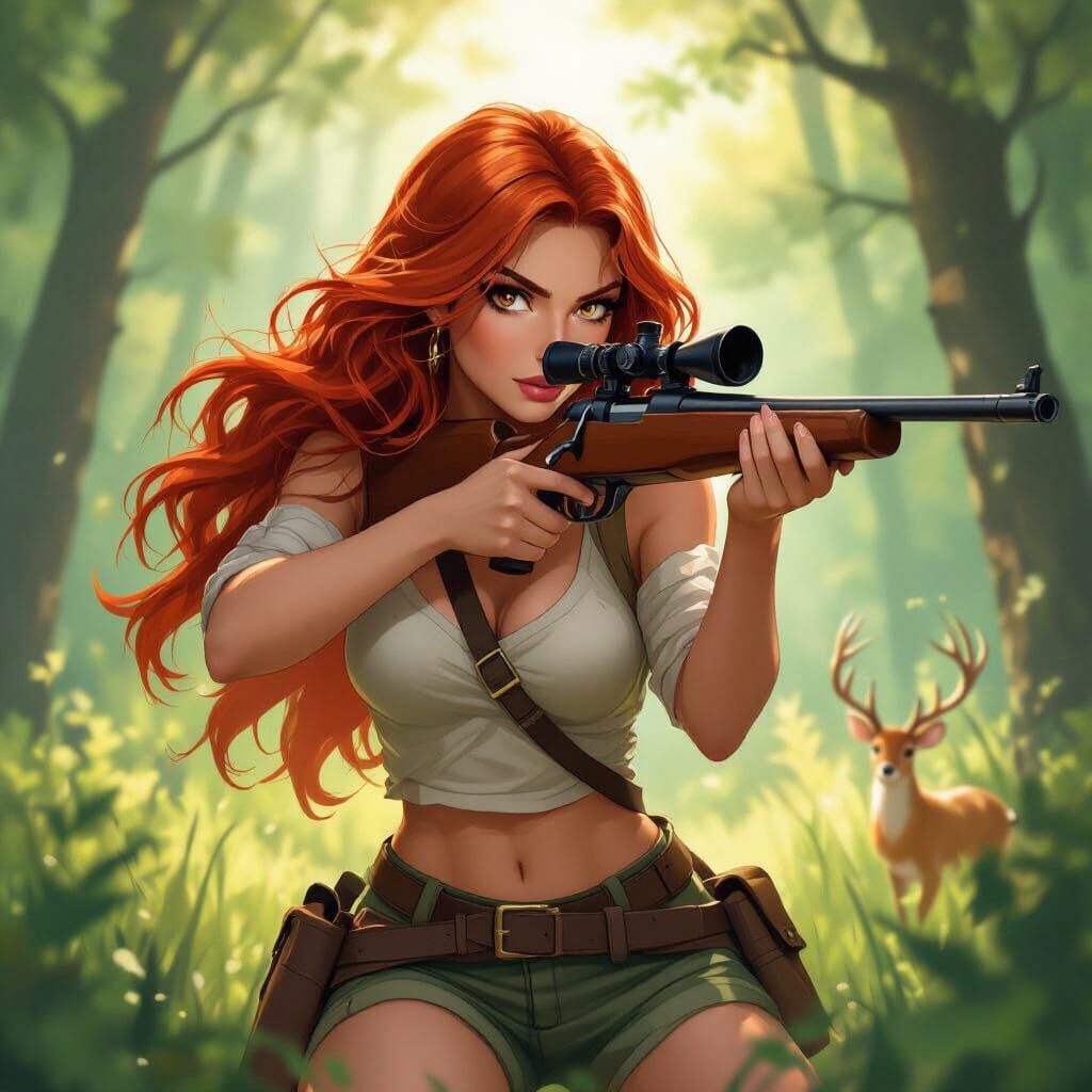 Woman Hunting Deer in Sunlit Forest