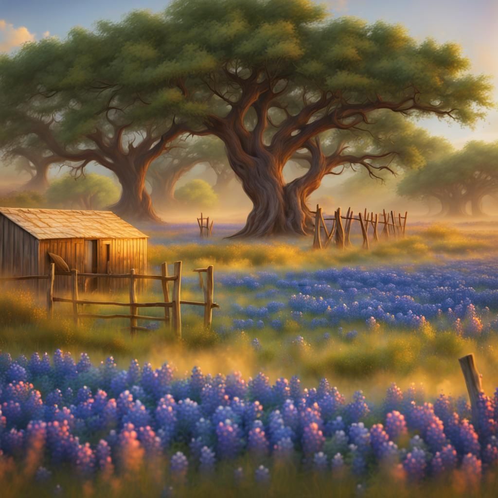 Texas Sunset Over Bluebonnet Field: Matte Painting