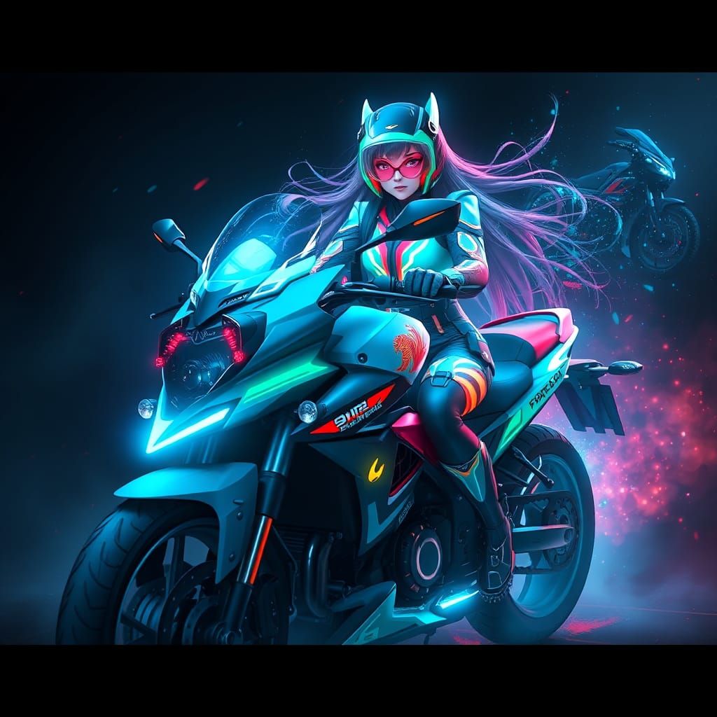 Hologram Girl on Motorcycle in Detailed Digital Painting