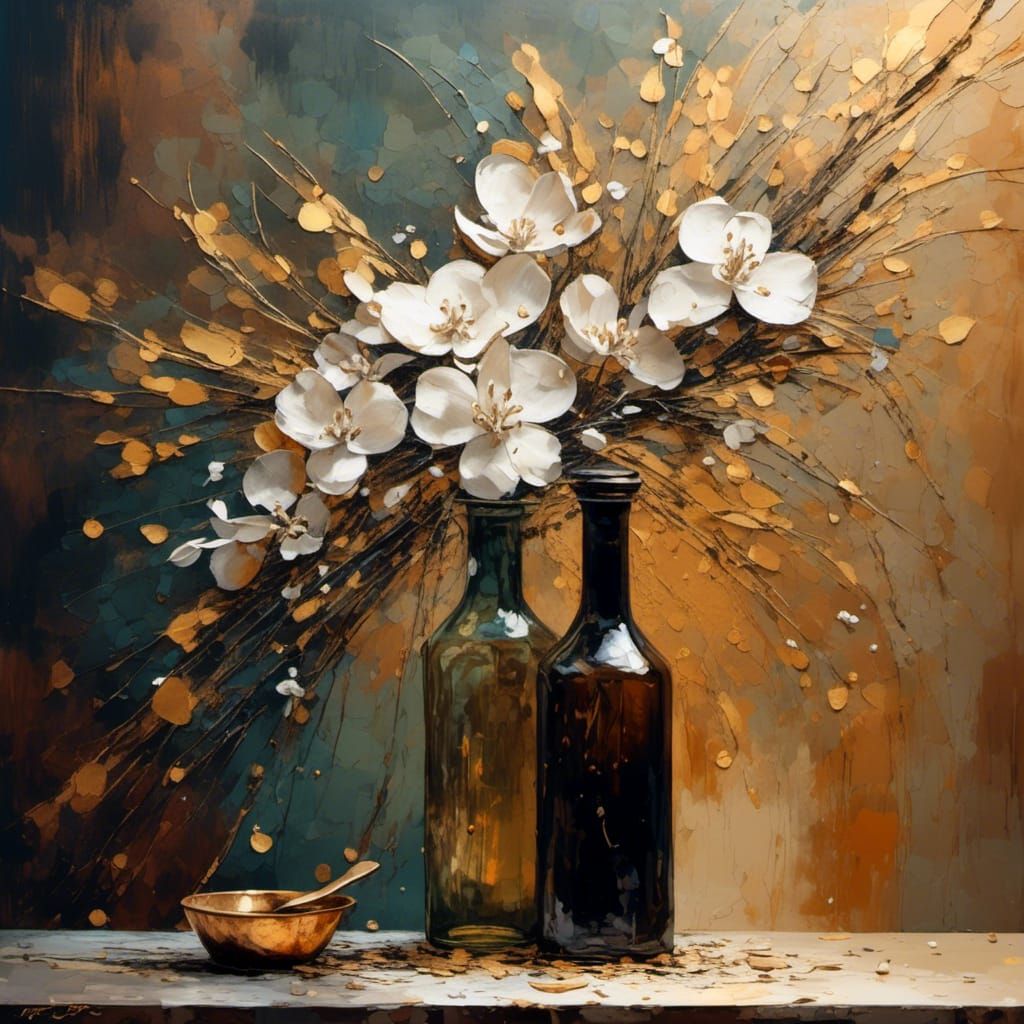 Pointillist Still Life with Jasmine and Olive Oil