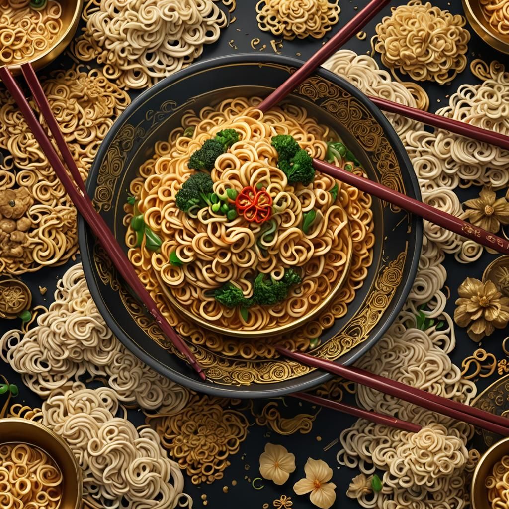 Noodles in Golden Bowl: Detailed Matte Painting