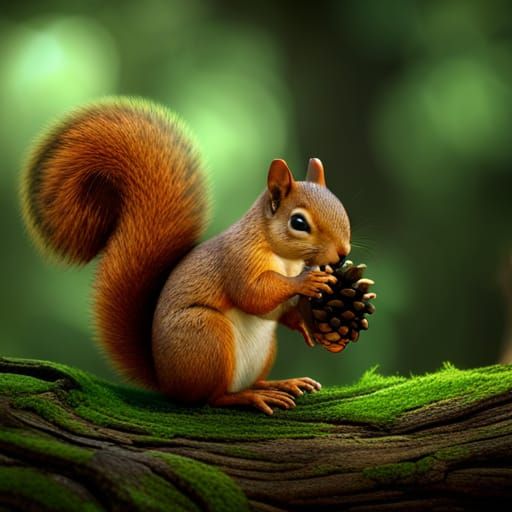 Squirrel Eating Pine Cone: Detailed Matte Painting