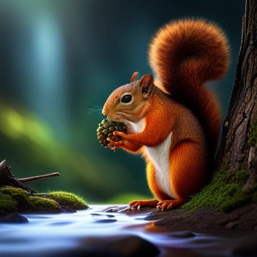 Squirrel Eating Pine Cone: Detailed Matte Painting