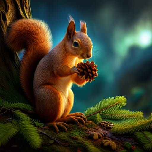 Squirrel Eating Pine Cone: Detailed Matte Painting