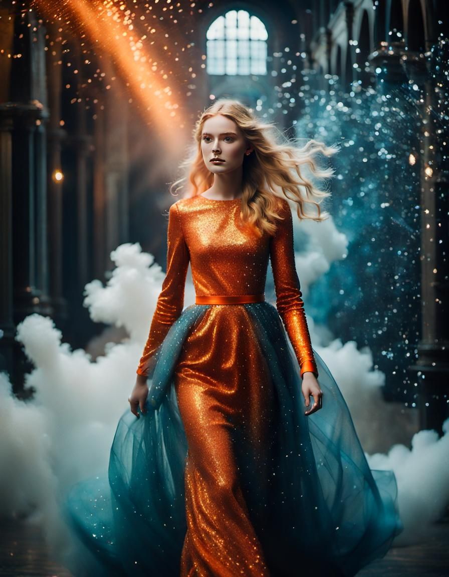 Woman in Orange Gown Amidst Glitter