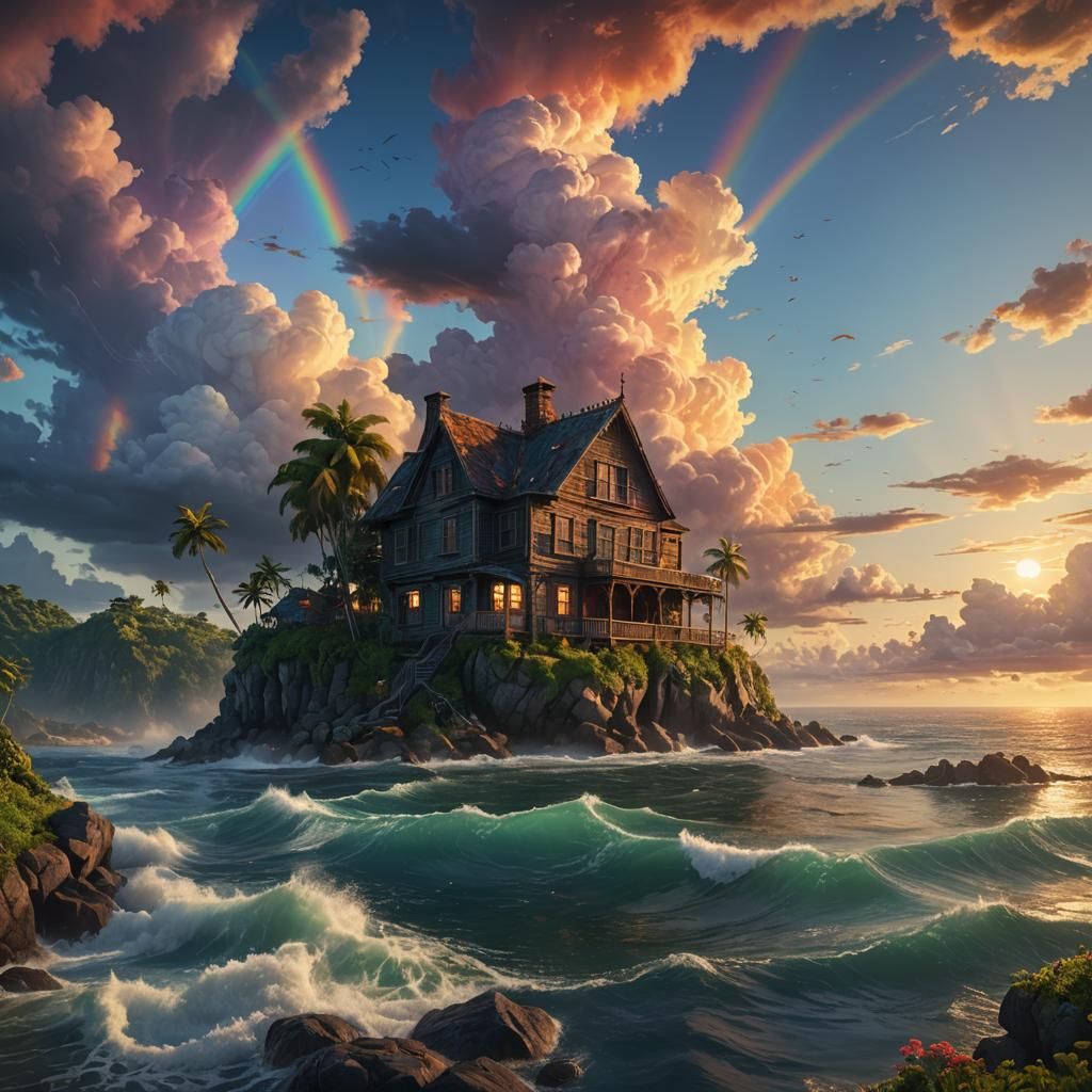 Ocean Island House with Rainbow Sunset, Digital Art