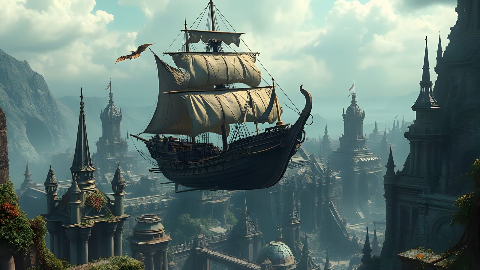 Spanish Galleon Soars Over Ancient High-Tech Ruins in Cyberp...