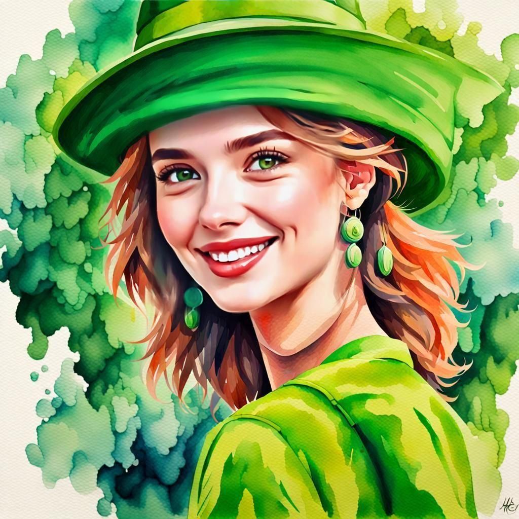 Watercolor Portrait Painting of Woman in Green
