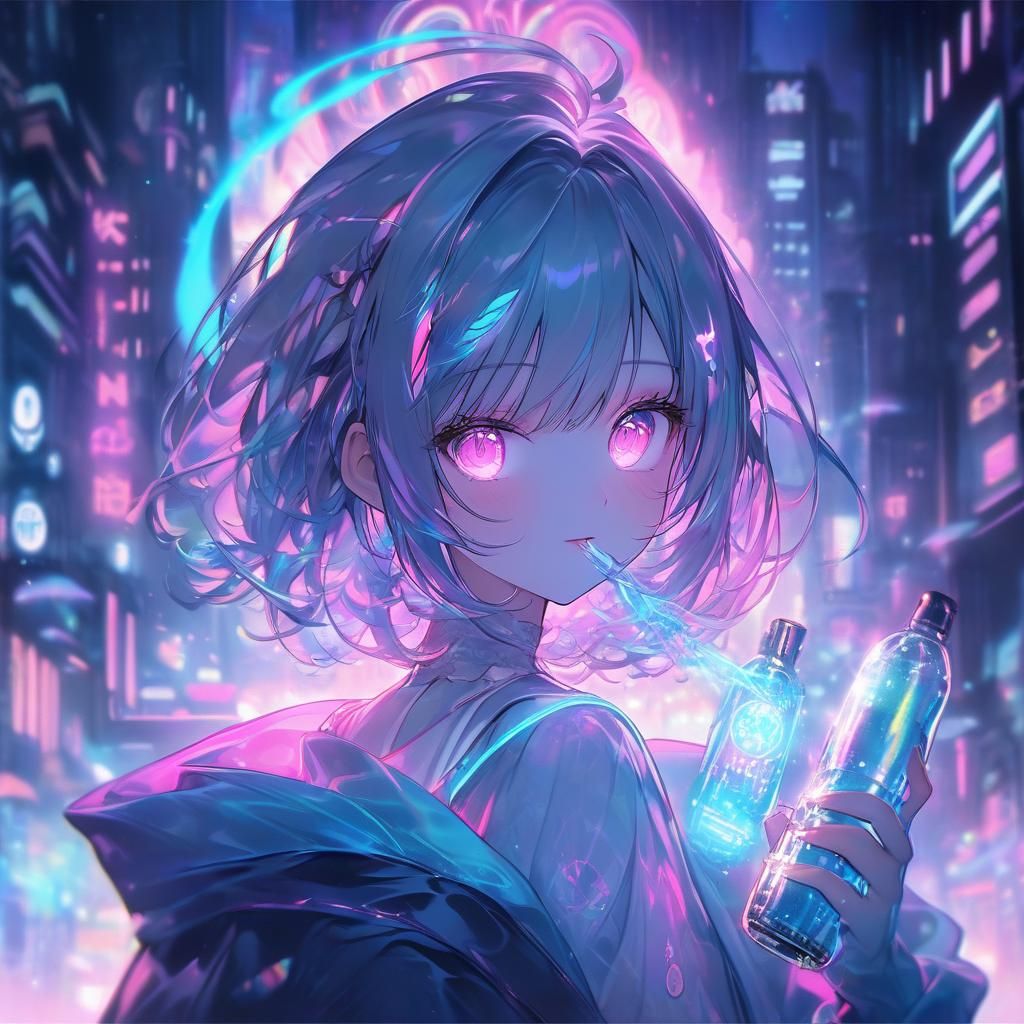 Anime Girl Witch in Neon Cityscape, Digital Art