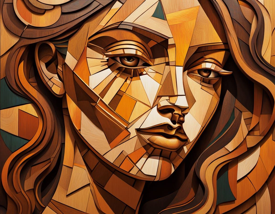 Geometric Cubist Woman in Etched Wood Style