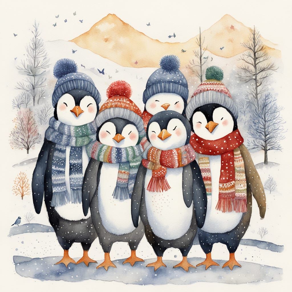 Three Penguins in Christmas Jumpers Enjoying a Winter Walk