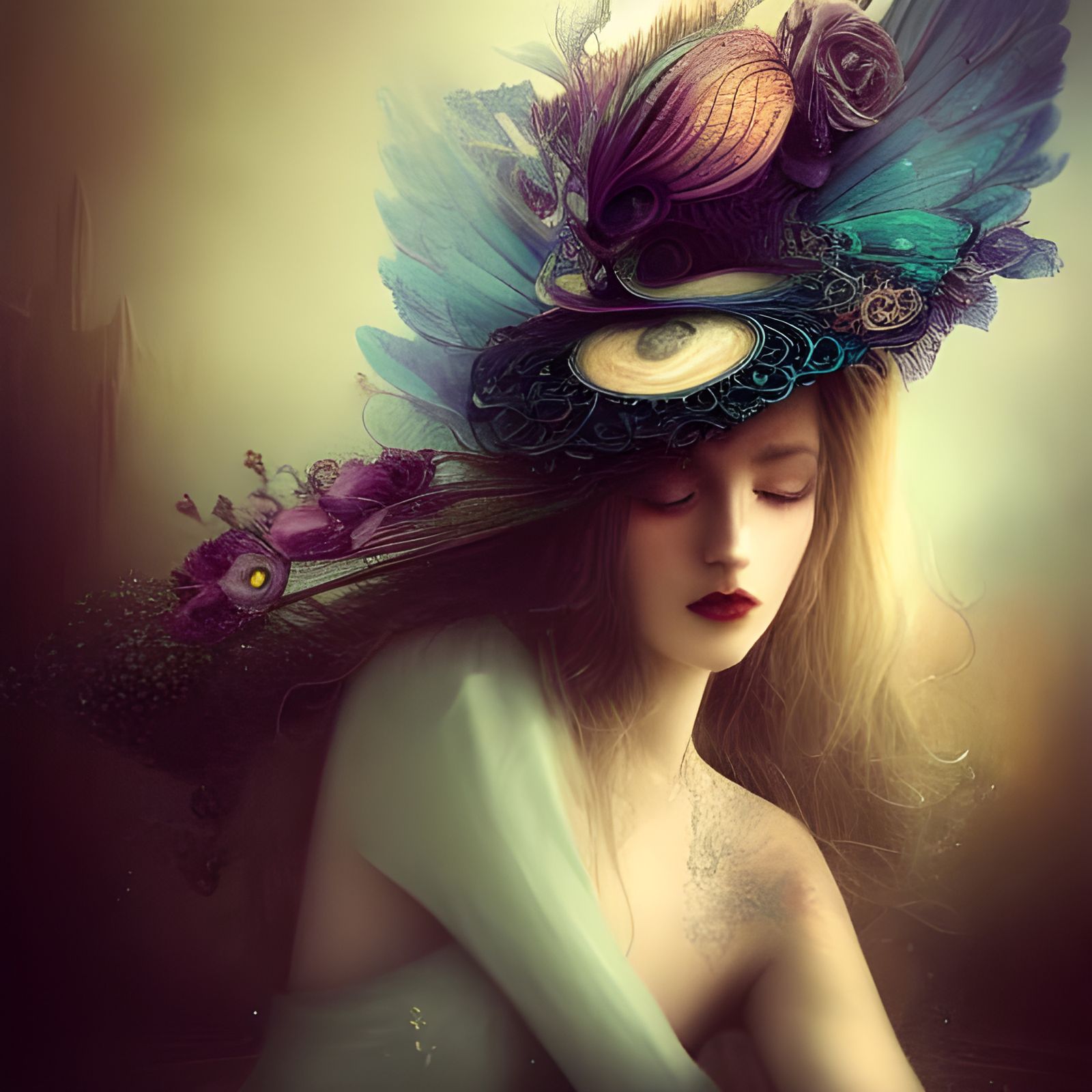 Beautiful Queen with Peacock Hat, Digital Painting