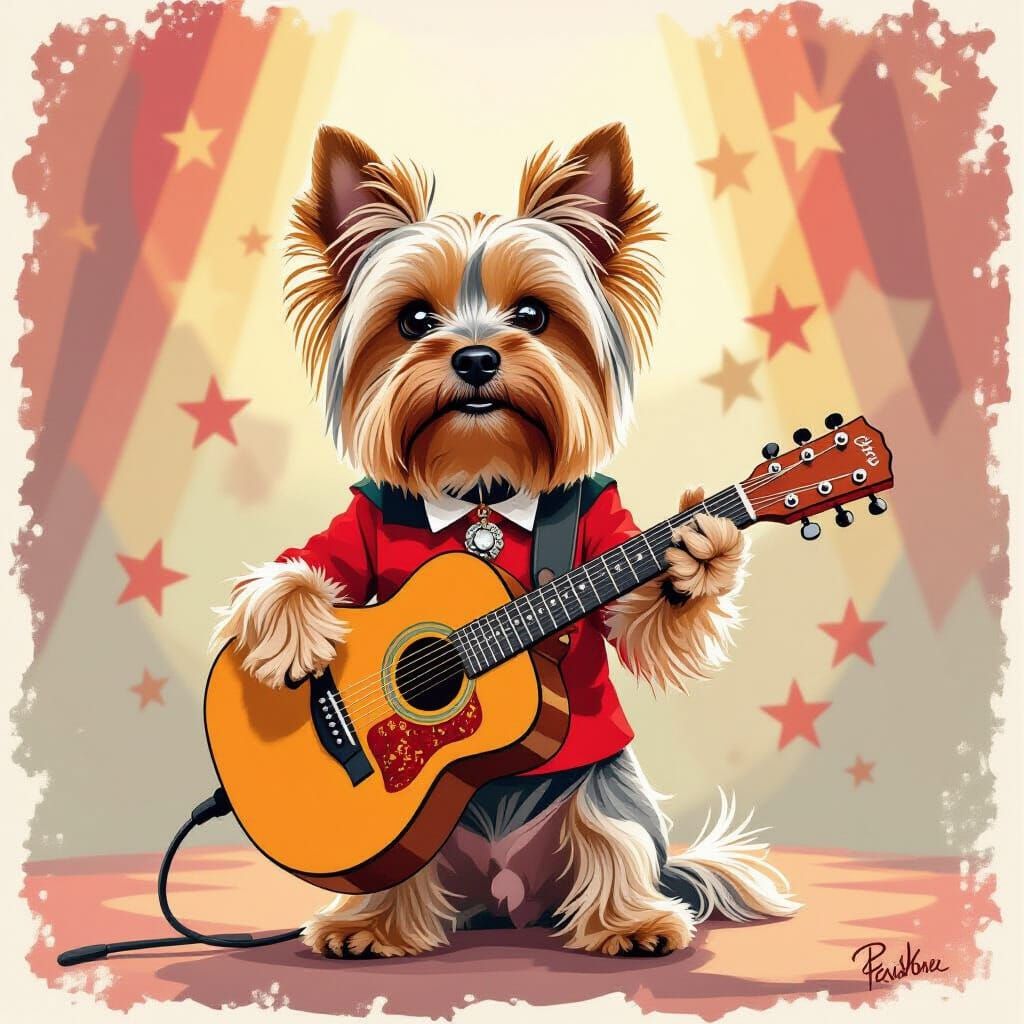 Yorkie Musician in Taylor Swift Red Outfit with Guitar