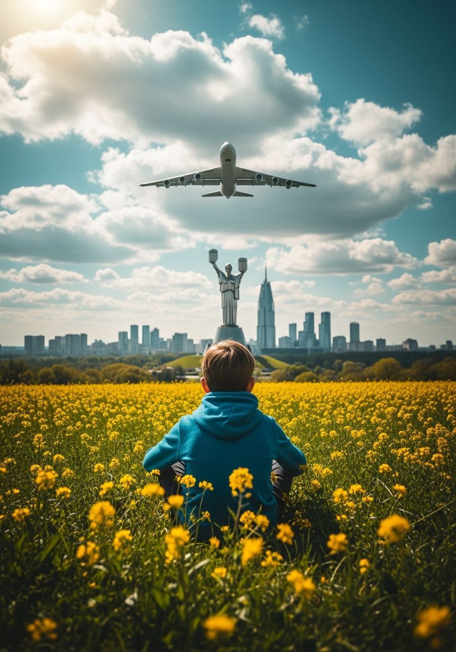 Boy in Meadow Before Futuristic Kyiv with AN-225