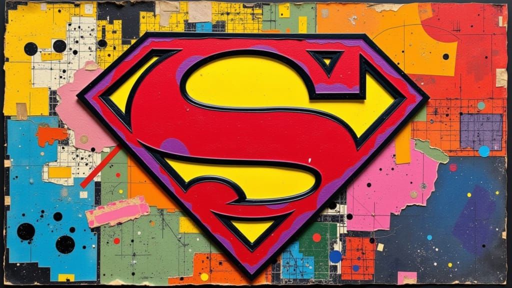 Vibrant Mixed Media Collage Superman Symbol
