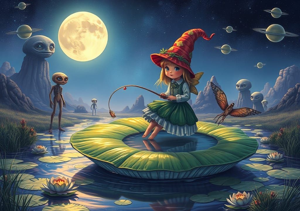 Fairy Gnome Fishing: Surreal Digital Art Landscape