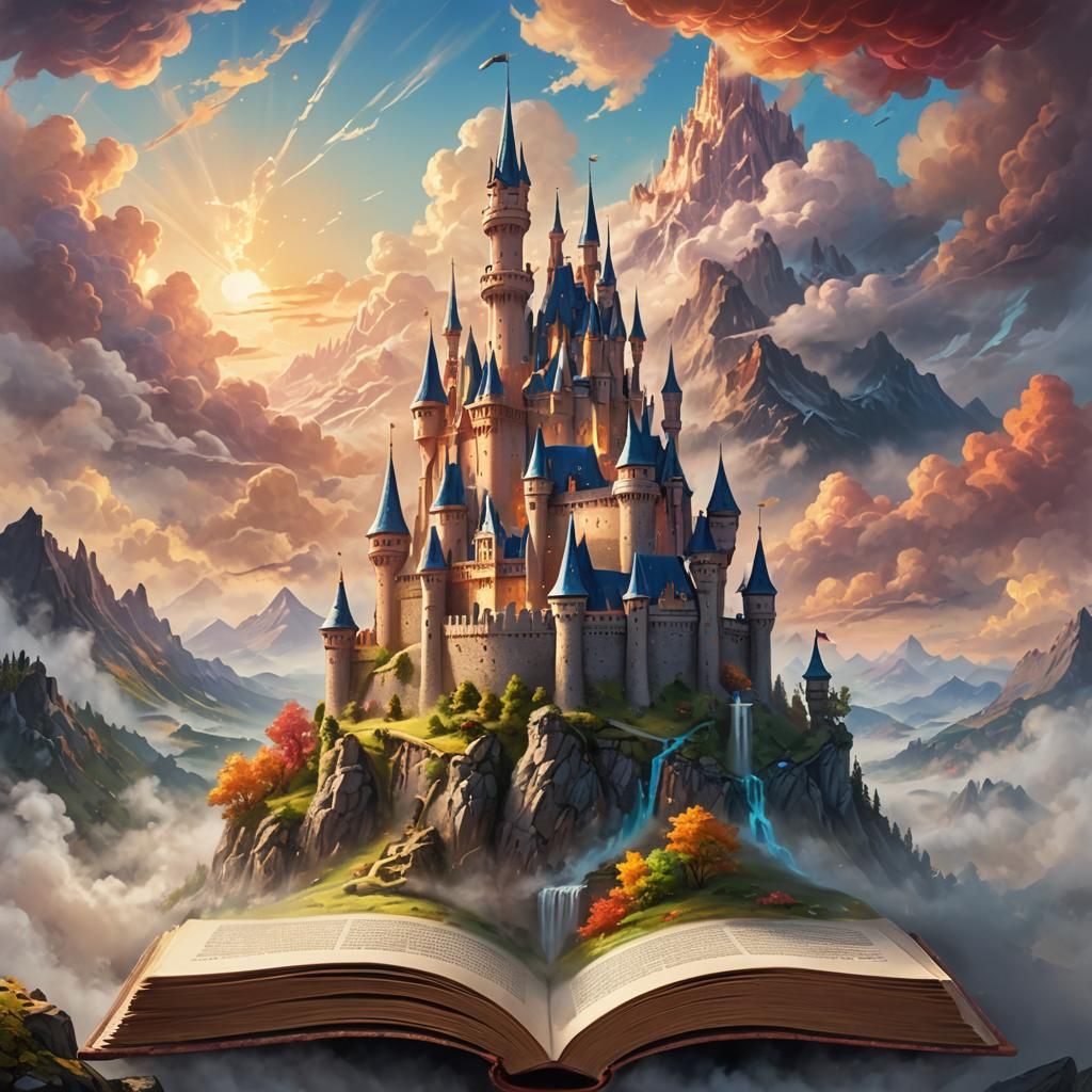 Fantasy Castle Emerges from Book, Dreamy Concept Art