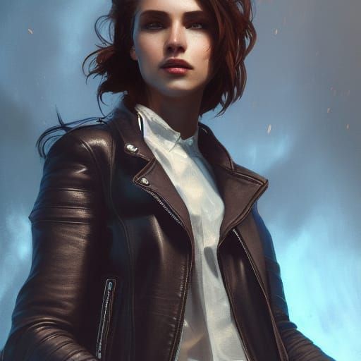 Woman with Gun in Leather Jacket: Hyperdetailed Portrait