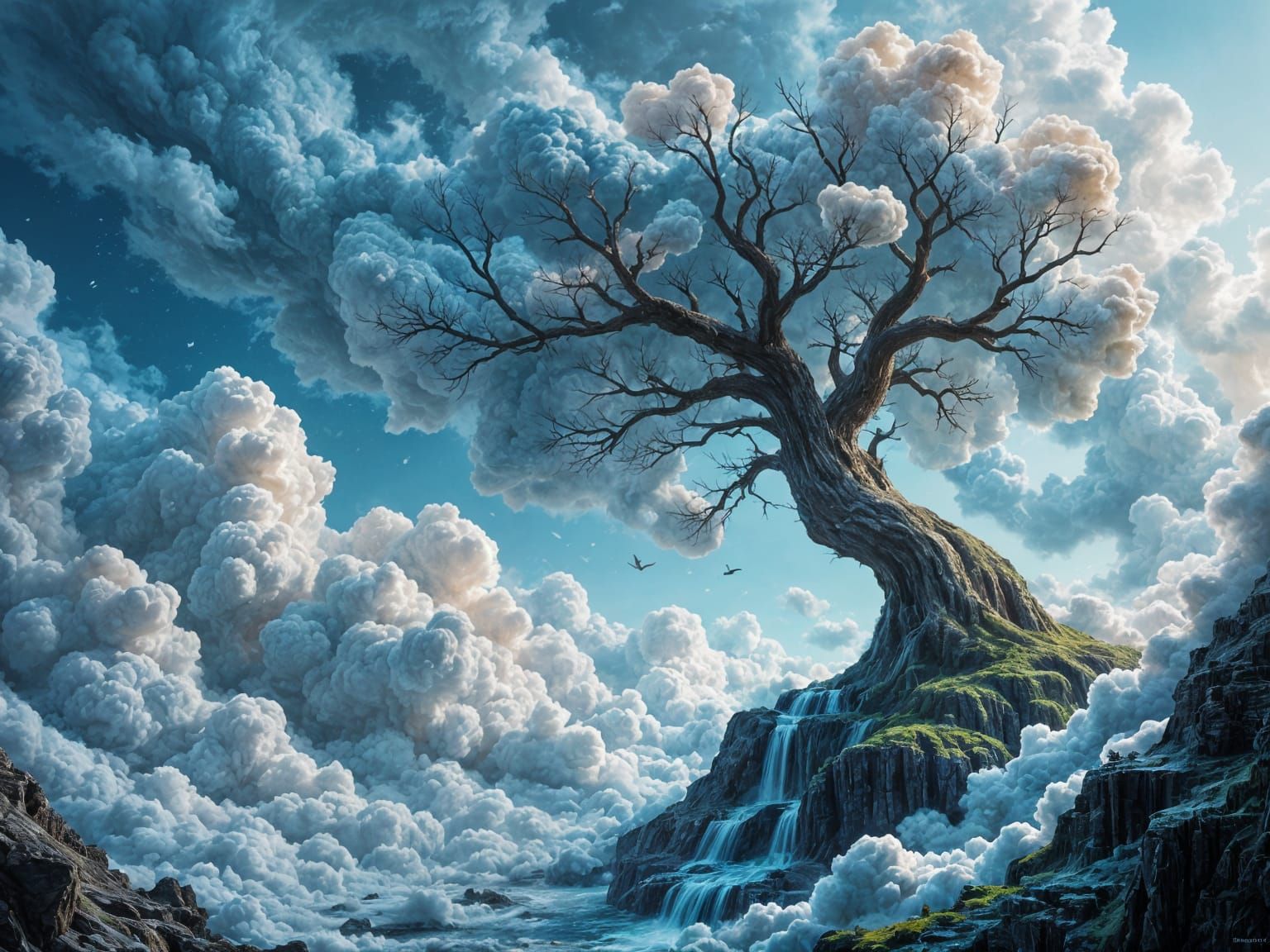 Magical Cloud Tree with Surreal Waterfall