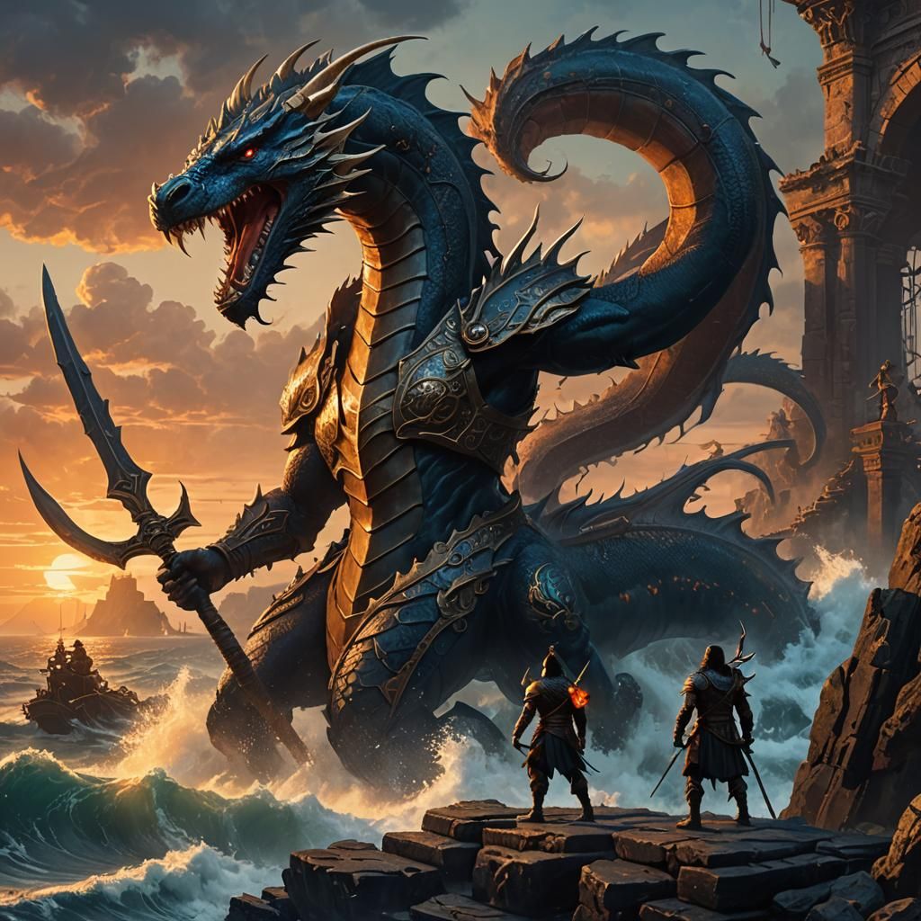 Warrior Battles Sea Serpent on Ruined Pier