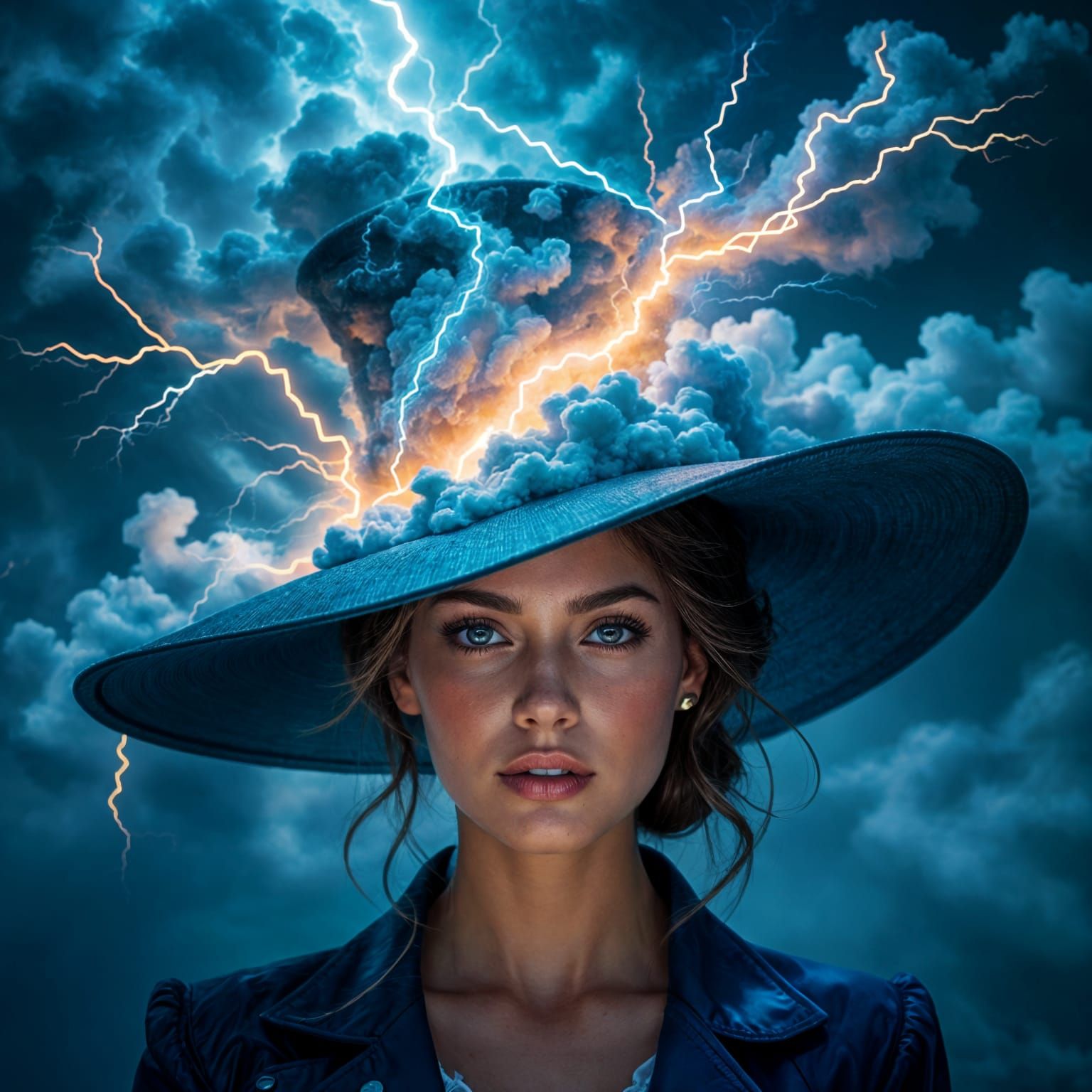 Woman With Lightning Hat Amidst Swirling Storm Clouds
