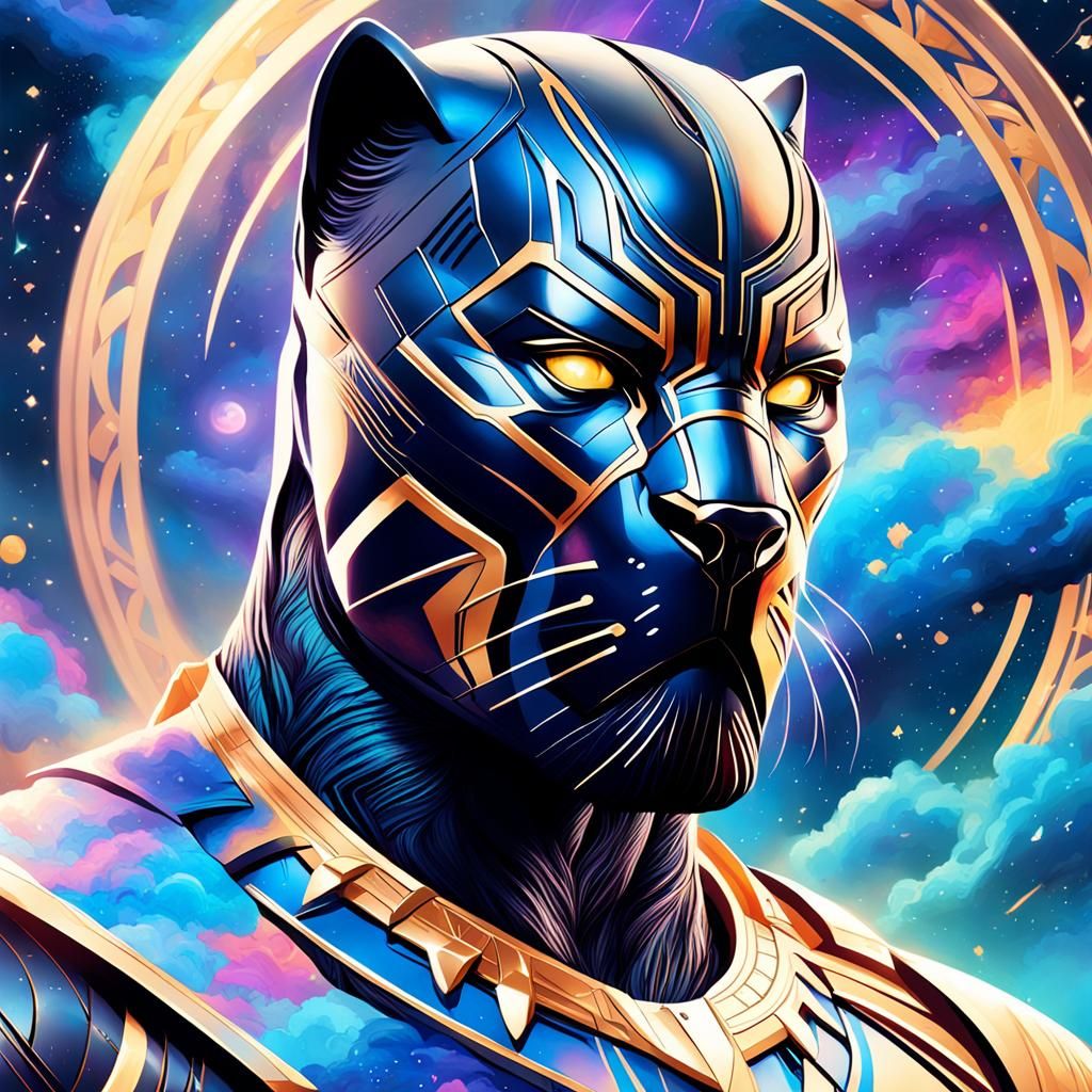 Majestic Black Panther Portrait in Cosmic Art Style