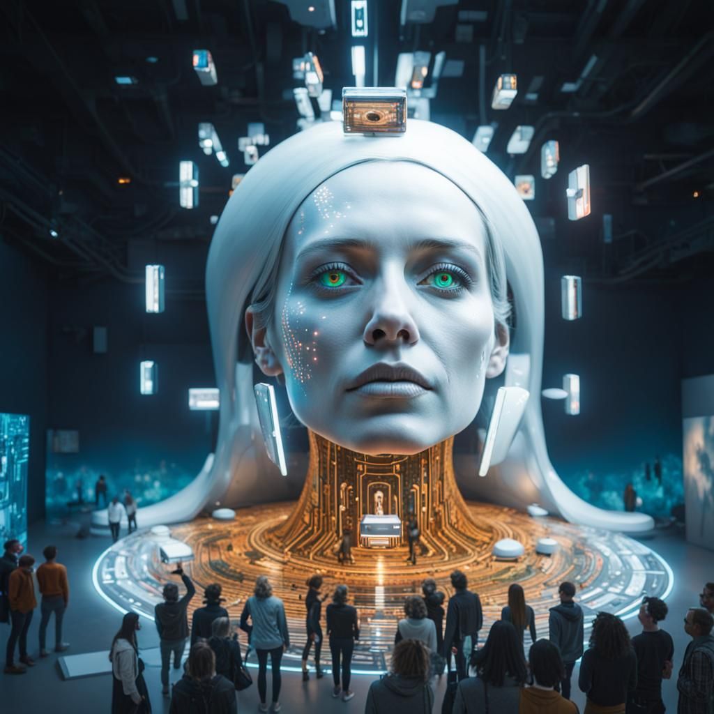 Futuristic Android in Digital Art Gallery, Hyper-Detailed St...