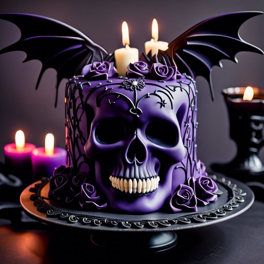 Gothic Skull Cake with Bat Wings