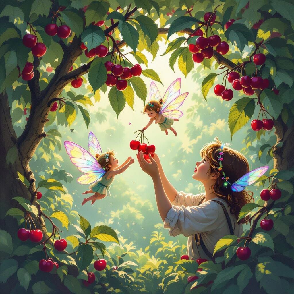 Magical Creatures Help Human Pick Cherries in Sunlit Tree