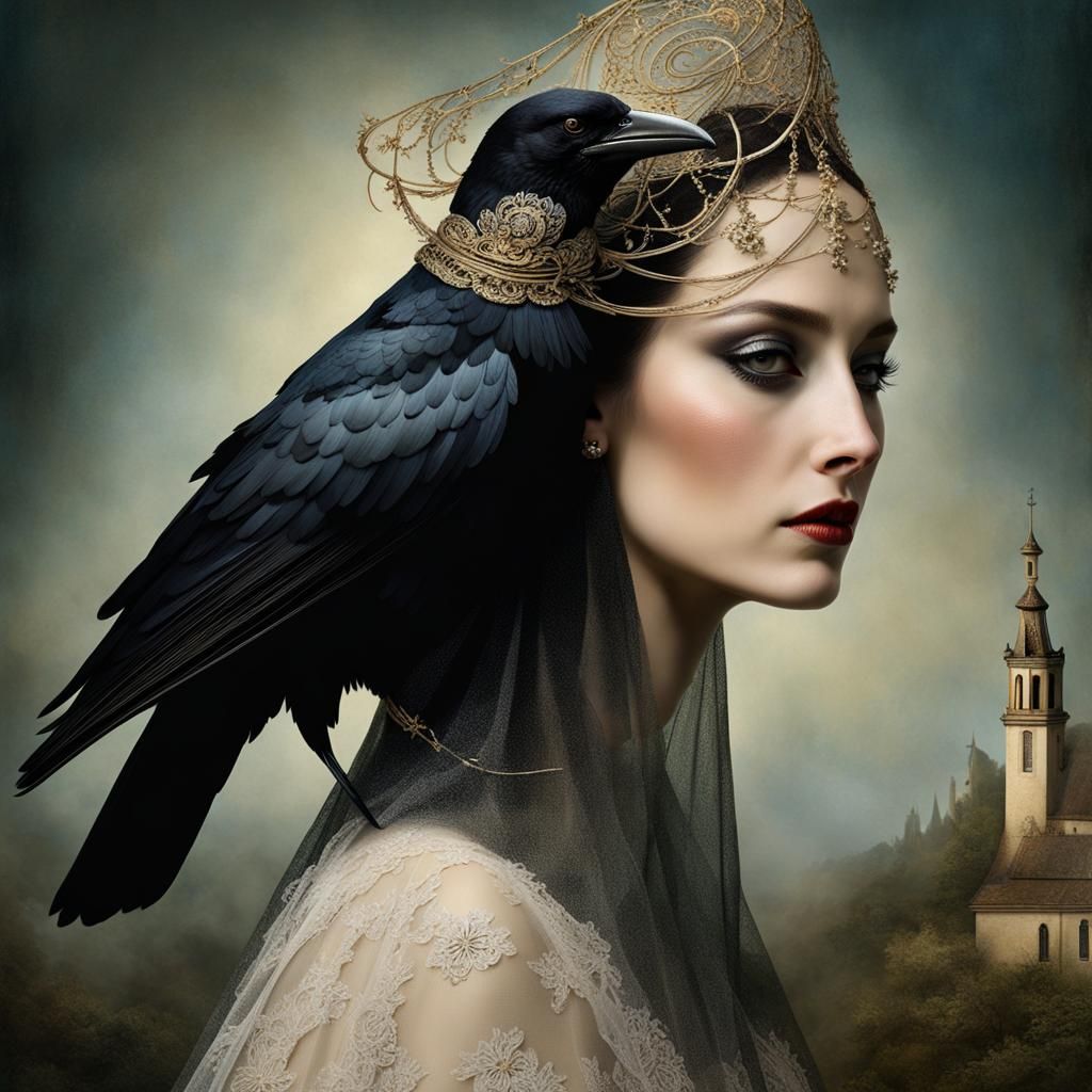 Close-up crow wearing a wedding veil on top of head