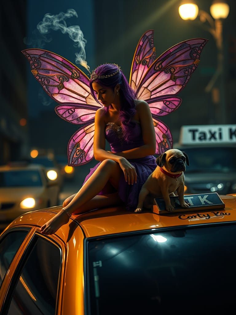 Purple and Gold Fairy Smoking on Golden Taxi