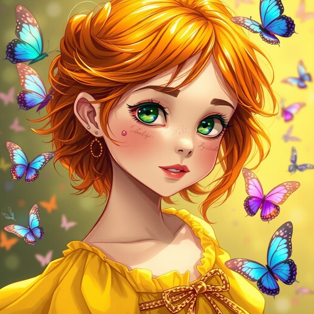 Girl with Butterflies in Art Nouveau Style