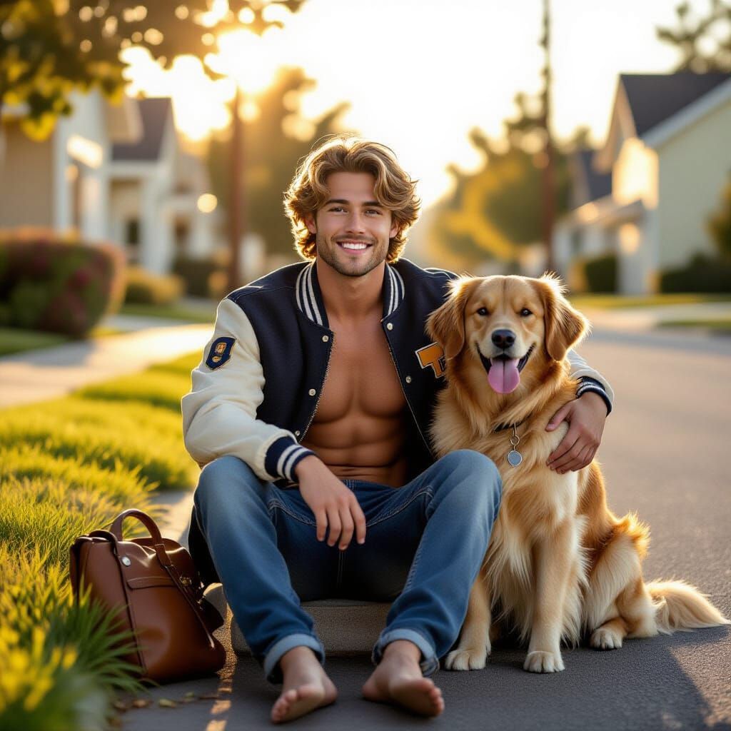 Man and Golden Retriever on Suburban Street at Golden Hour