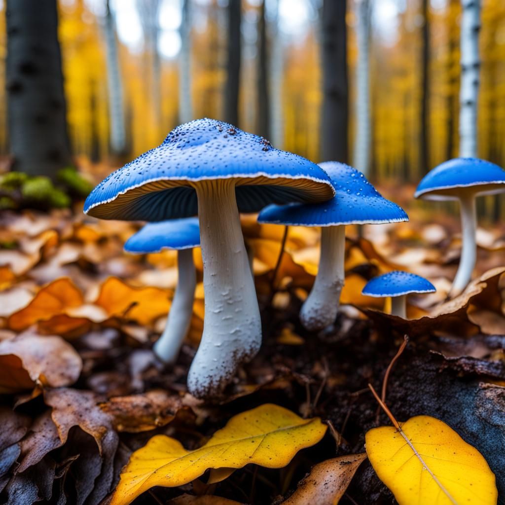 Blue Mushrooms Among Autumn Leaves and Birches